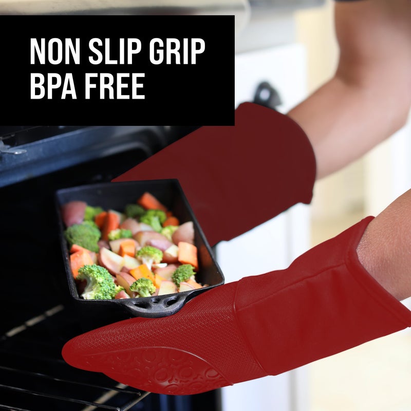 HOMWE قفازات فرن سيليكون خالية من BPA مقاومة للحرارة حتى 500°F - قفازات فرن مع بطانة قطن سميكة - حوامل أواني طويلة مقاومة للانزلاق، قفازات فرن مرنة - أحمر إمبراطوري 13.7 - Image 5